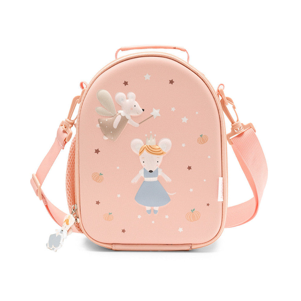 Borsa Termica 3D Mouse Fairies Tutete - vista frontale rosa cipria con personaggio 3D in rilievo topolina Cenerentola abito azzurro e fata madrina con bacchetta, stelle e zucche, tracolla regolabile rosa