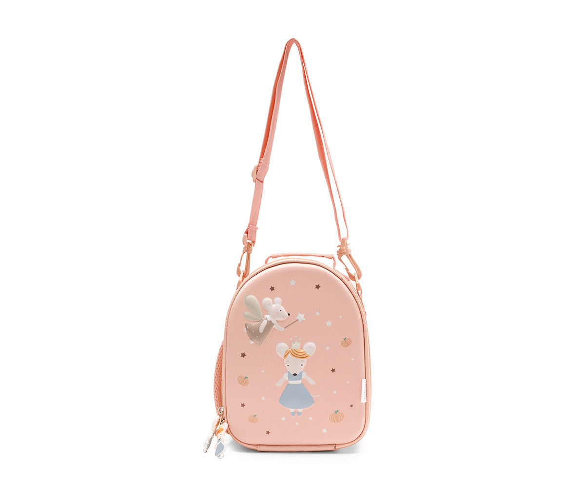 Borsa Termica 3D Mouse Fairies Tutete - vista laterale con tracolla lunga regolabile rosa cipria e manico superiore