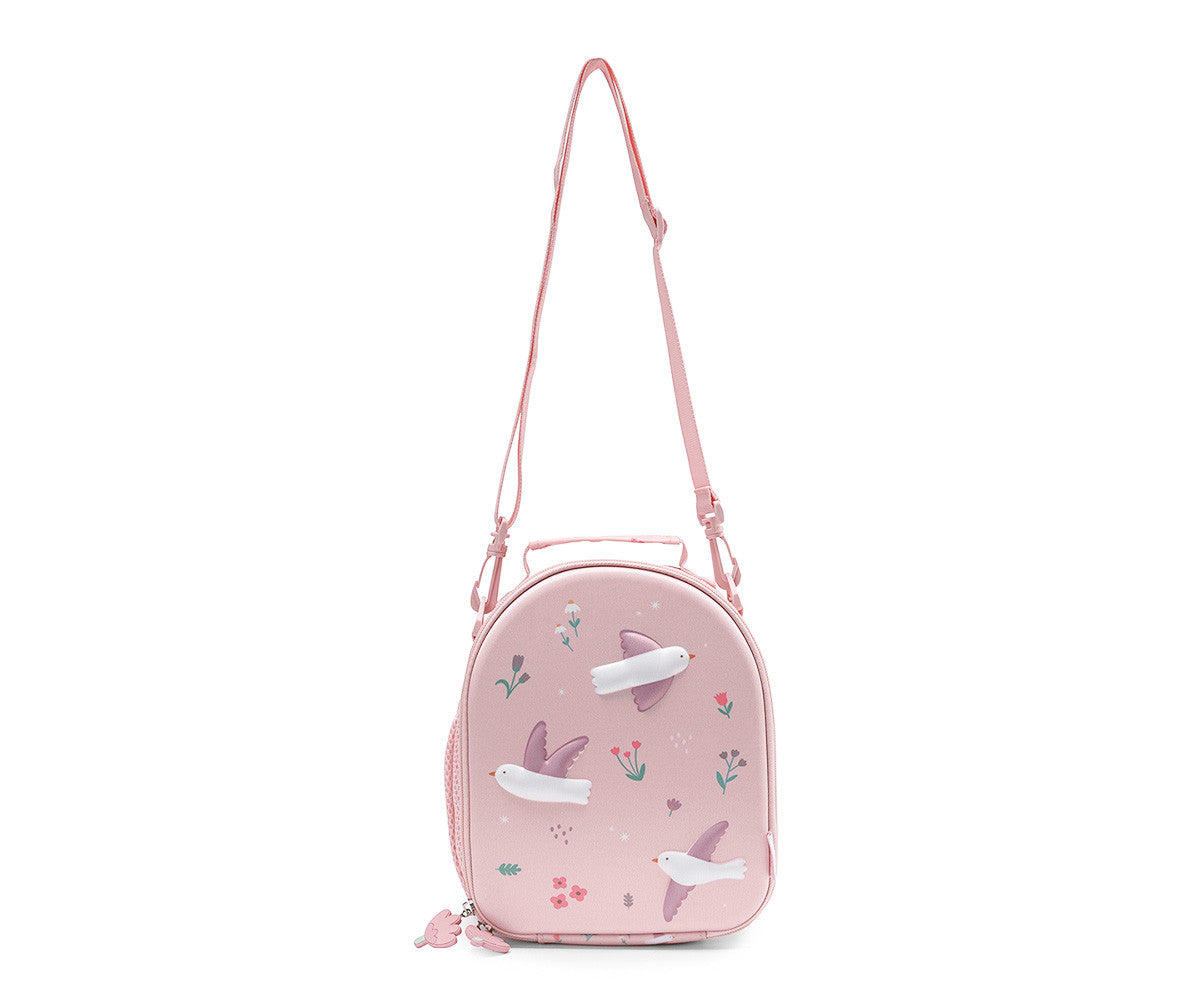 Borsa Termica 3D Blossom Birds - vista laterale con tracolla