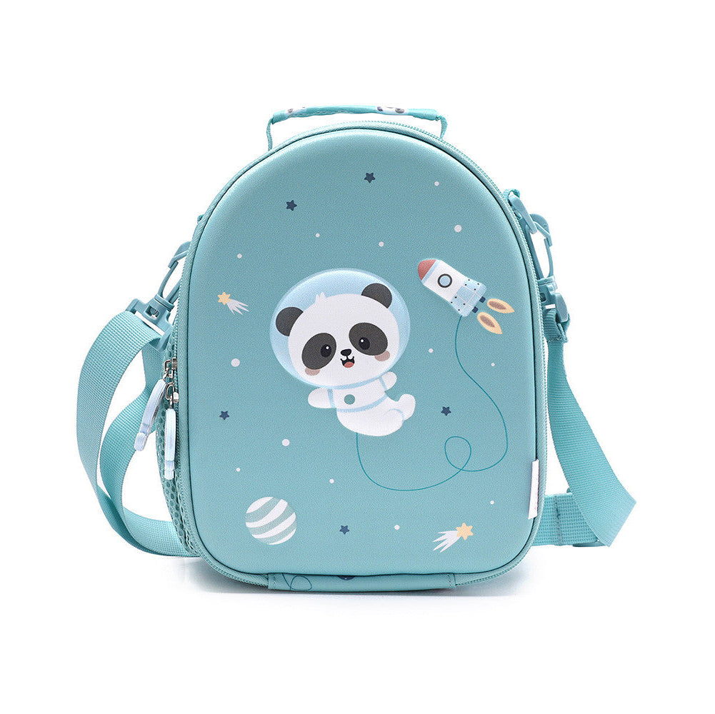 Borsa Termica 3D Pandas in Space Tutete - vista frontale verde acqua con panda astronauta in rilievo 3D, razzo, stelle e pianeta, tracolla teal