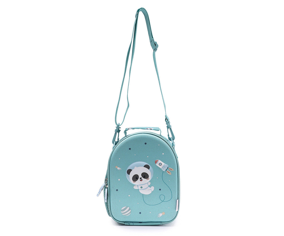 Borsa Termica 3D Pandas in Space Tutete - vista laterale con tracolla regolabile lunga teal e manico superiore