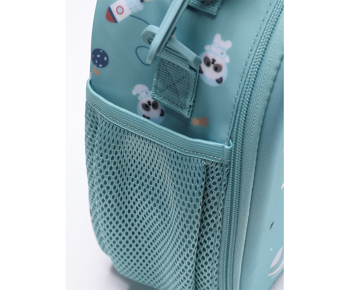 Borsa Termica 3D Pandas in Space Tutete - dettaglio tasca laterale in rete elastica portabottiglie