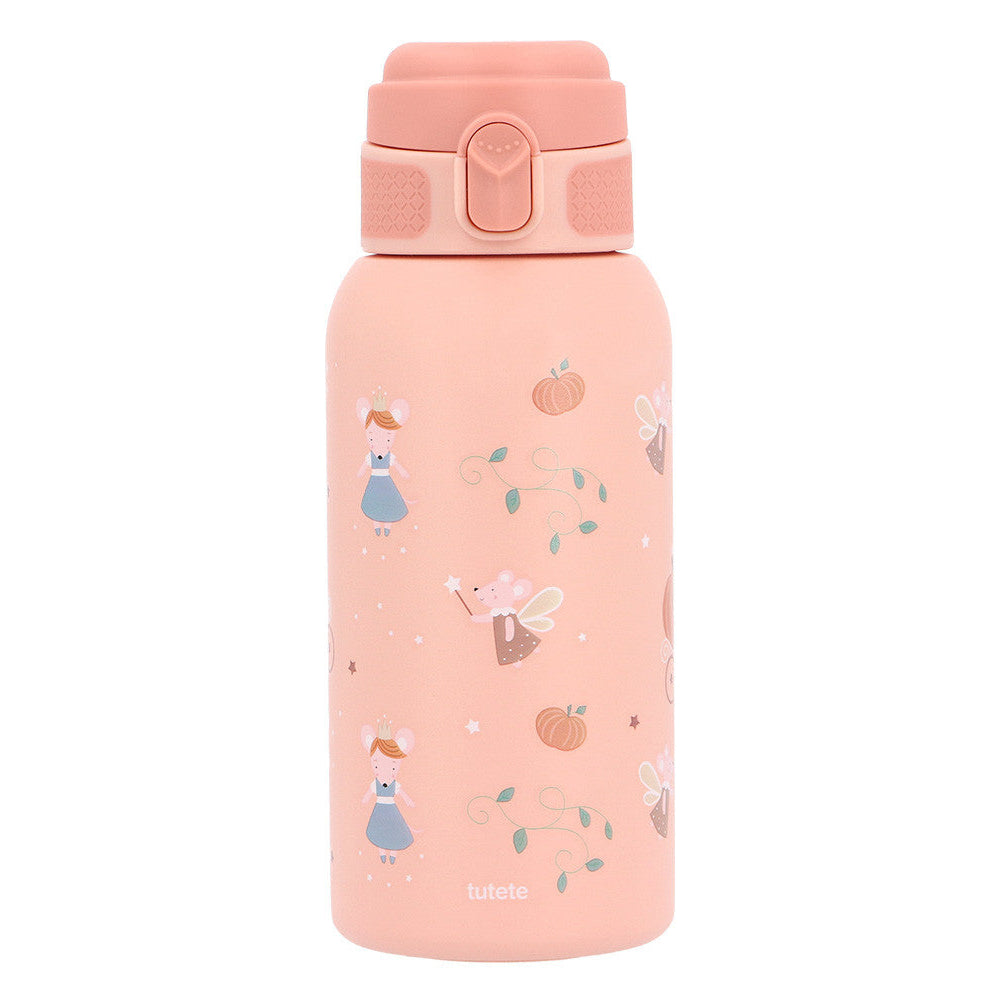 Borraccia Termica Mouse Fairies Tutete - vista frontale corpo acciaio rosa cipria opaco con pattern topolina Cenerentola fata madrina zucche stelle, tappo flip-top rosa cipria con pulsante