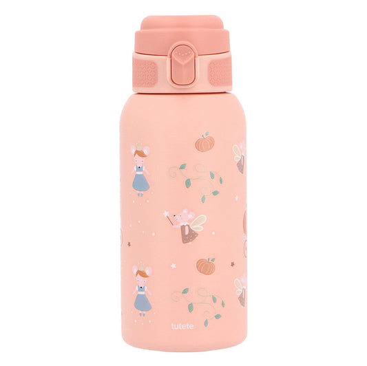Borraccia Termica Mouse Fairies Tutete - vista frontale corpo acciaio rosa cipria opaco con pattern topolina Cenerentola fata madrina zucche stelle, tappo flip-top rosa cipria con pulsante