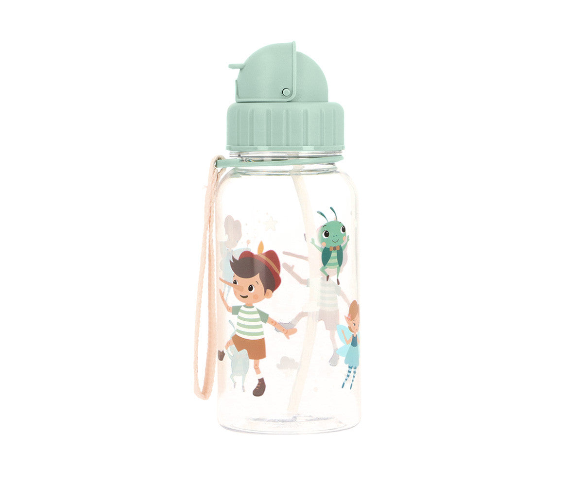 Borraccia Wooden Boy Tutete 500ml - corpo trasparente con Pinocchio, Fatina e Grillo, tappo verde salvia e cordino rosa