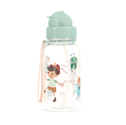 Borraccia Wooden Boy Tutete 500ml - corpo trasparente con Pinocchio, Fatina e Grillo, tappo verde salvia e cordino rosa