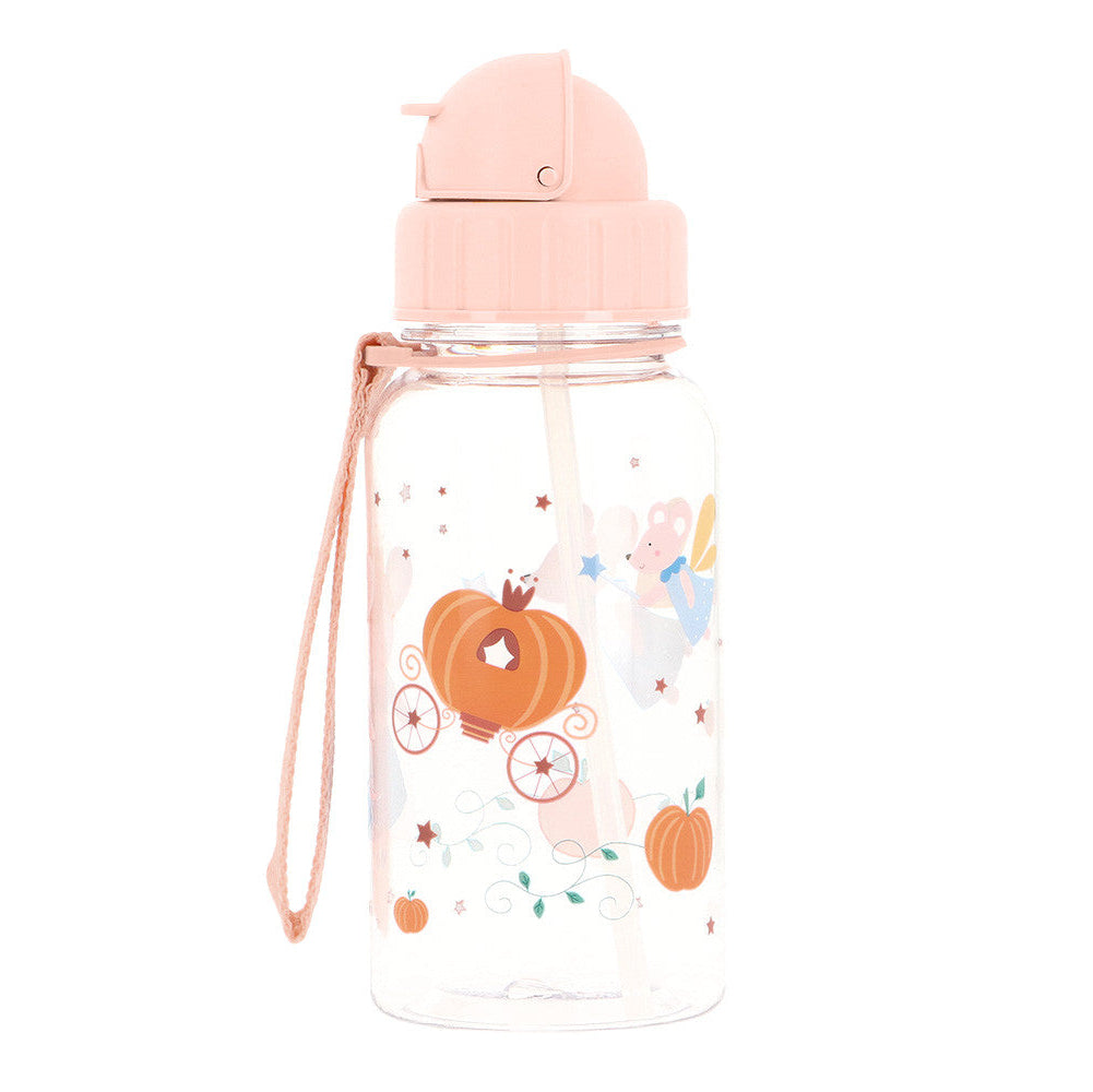 Borraccia Mouse Fairies Tutete - vista frontale corpo trasparente con pattern carrozza di zucca fata madrina stelle, tappo rosa cipria con cannuccia silicone e cordino trasporto