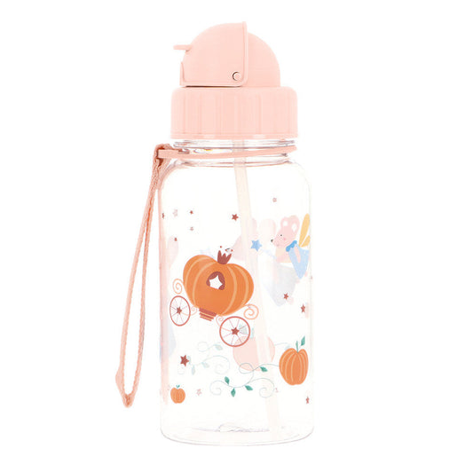 Borraccia Mouse Fairies Tutete - vista frontale corpo trasparente con pattern carrozza di zucca fata madrina stelle, tappo rosa cipria con cannuccia silicone e cordino trasporto
