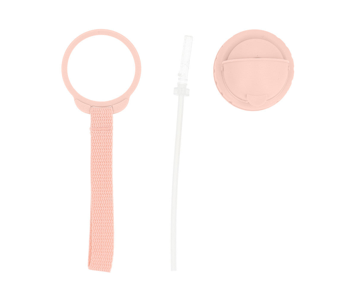 Borraccia Mouse Fairies Tutete - dettaglio componenti: cordino rosa cipria, cannuccia silicone bianca e tappo a cupola rosa cipria