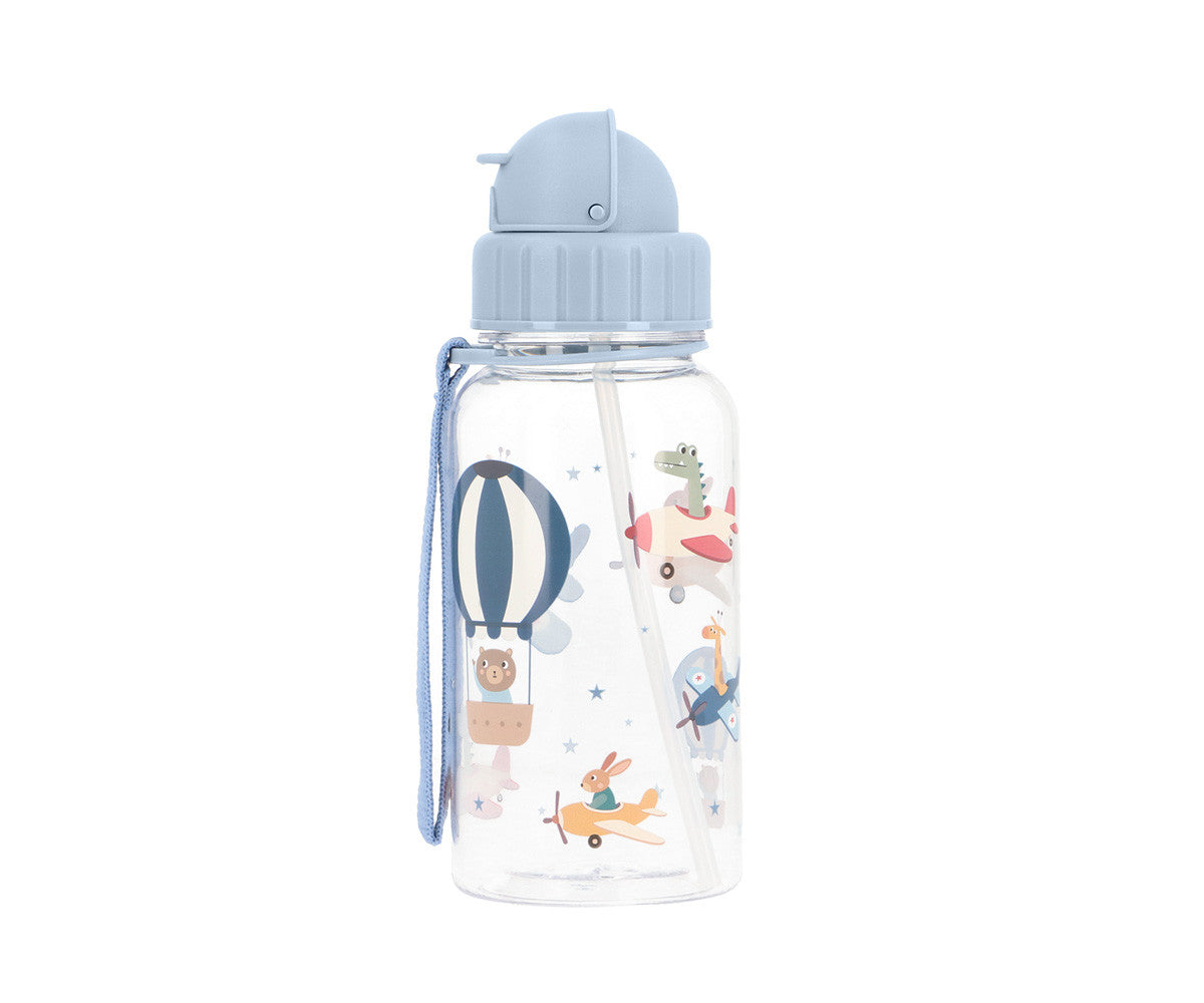 Borraccia Planet Tutete 500ml - vista frontale trasparente con fantasia pianeti e cordino blu