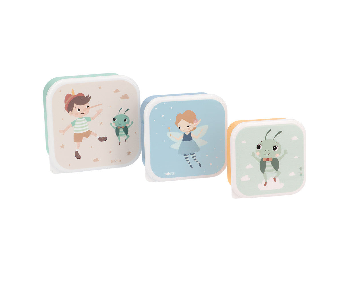 Lunch Box 3 in 1 Wooden Boy Tutete - set 3 scatoline impilabili con Pinocchio, Fatina e Grillo su sfondi beige, azzurro e verde salvia