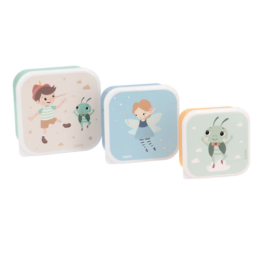 Lunch Box 3 in 1 Wooden Boy Tutete - set 3 scatoline impilabili con Pinocchio, Fatina e Grillo su sfondi beige, azzurro e verde salvia
