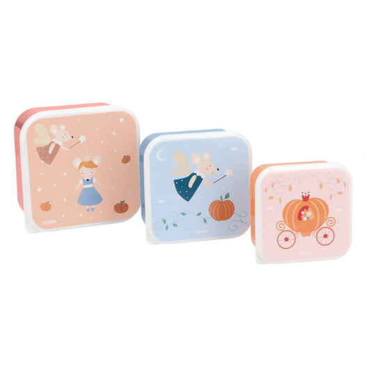 Lunch Box 3 in 1 Mouse Fairies Tutete - set tre contenitori quadrati annidabili: grande rosa cipria con topolina Cenerentola, medio azzurro con fata madrina topolina e zucca, piccolo rosa chiaro con carrozza di zucca