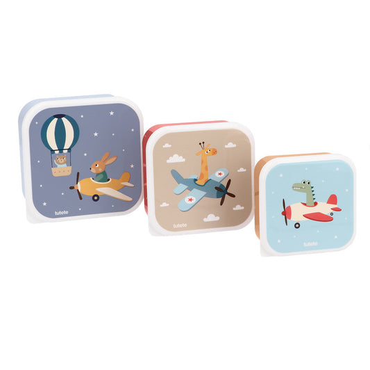 Lunch Box 3 in 1 Planes Tutete - set 3 scatoline con coniglietto, giraffa e coccodrillo su aeroplanini