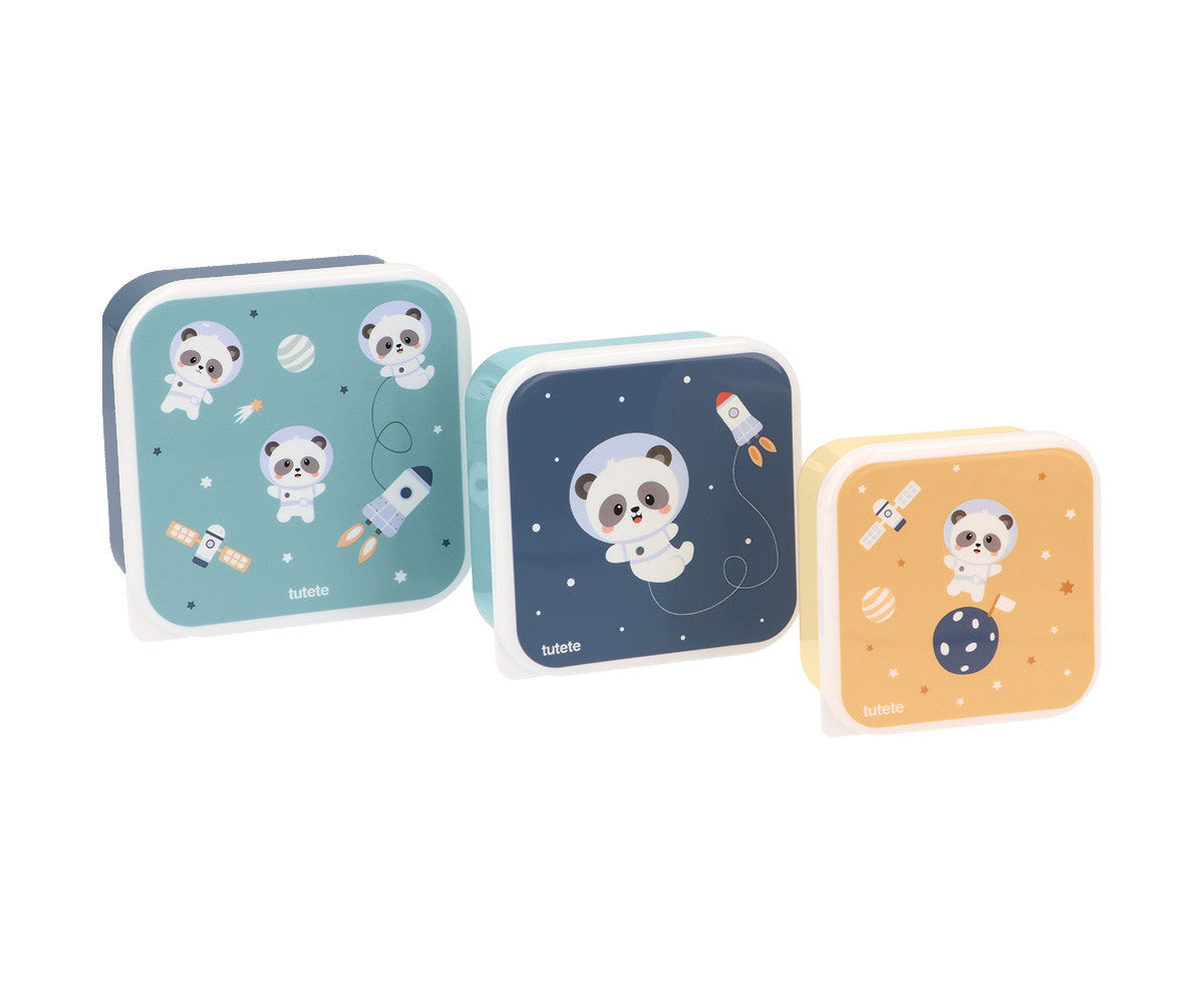 Lunch Box 3 in 1 Pandas in Space Tutete - set 3 scatoline impilabili verde acqua, blu notte e giallo senape con panda astronauta, sfondo bianco