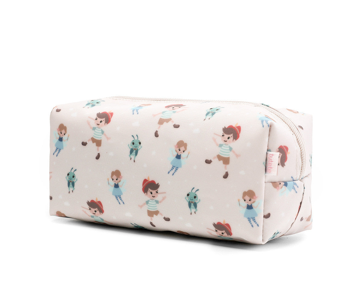 Astuccio Wooden Boy Tutete - vista laterale con cerniera e dettaglio fantasia all-over personaggi Pinocchio