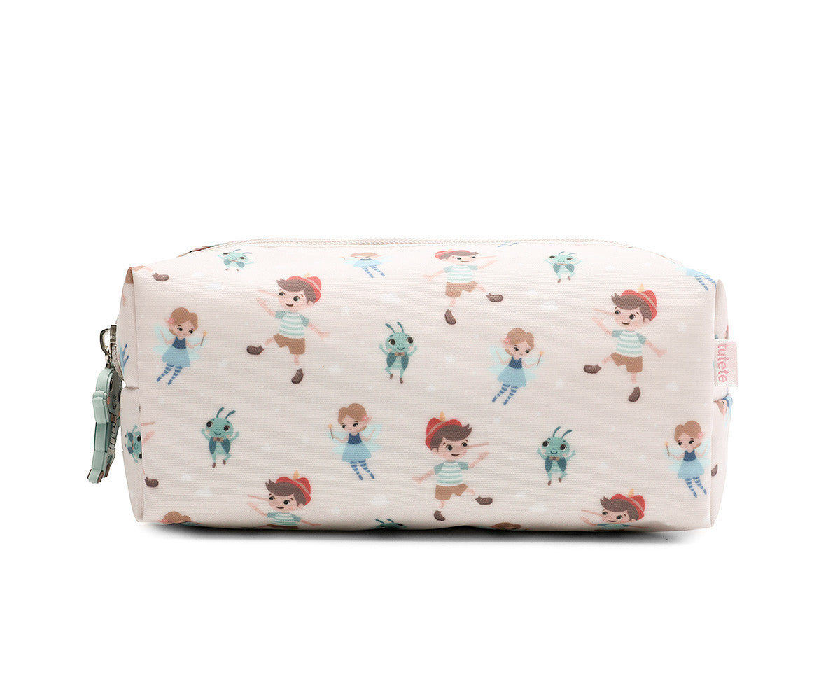 Astuccio Wooden Boy Tutete - vista frontale beige chiarissimo con Pinocchio, Fatina e Grillo e tiretto decorativo verde