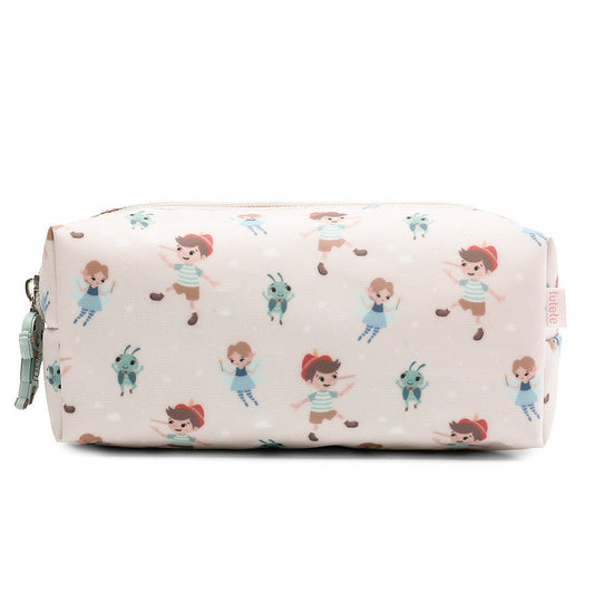 Astuccio Wooden Boy Tutete - vista frontale beige chiarissimo con Pinocchio, Fatina e Grillo e tiretto decorativo verde