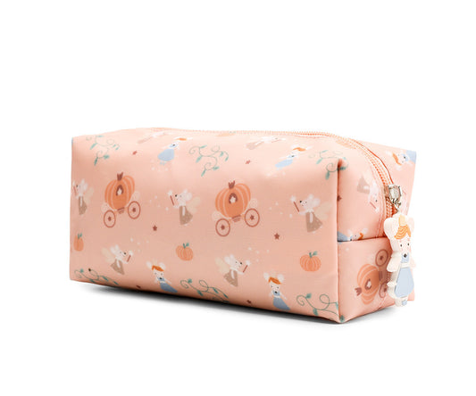 Astuccio Mouse Fairies Tutete - vista 3/4 rosa cipria con all-over topolina Cenerentola fata madrina carrozza zucca stelle, tiretto decorativo Cenerentola in silicone