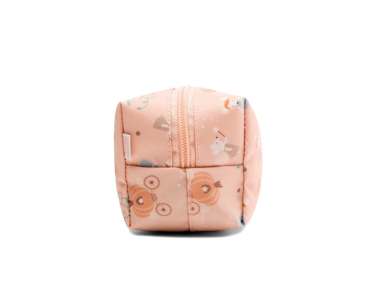 Astuccio Mouse Fairies Tutete - vista laterale con profilo box 19x10x8cm, cerniera laterale e pattern all-over rosa cipria