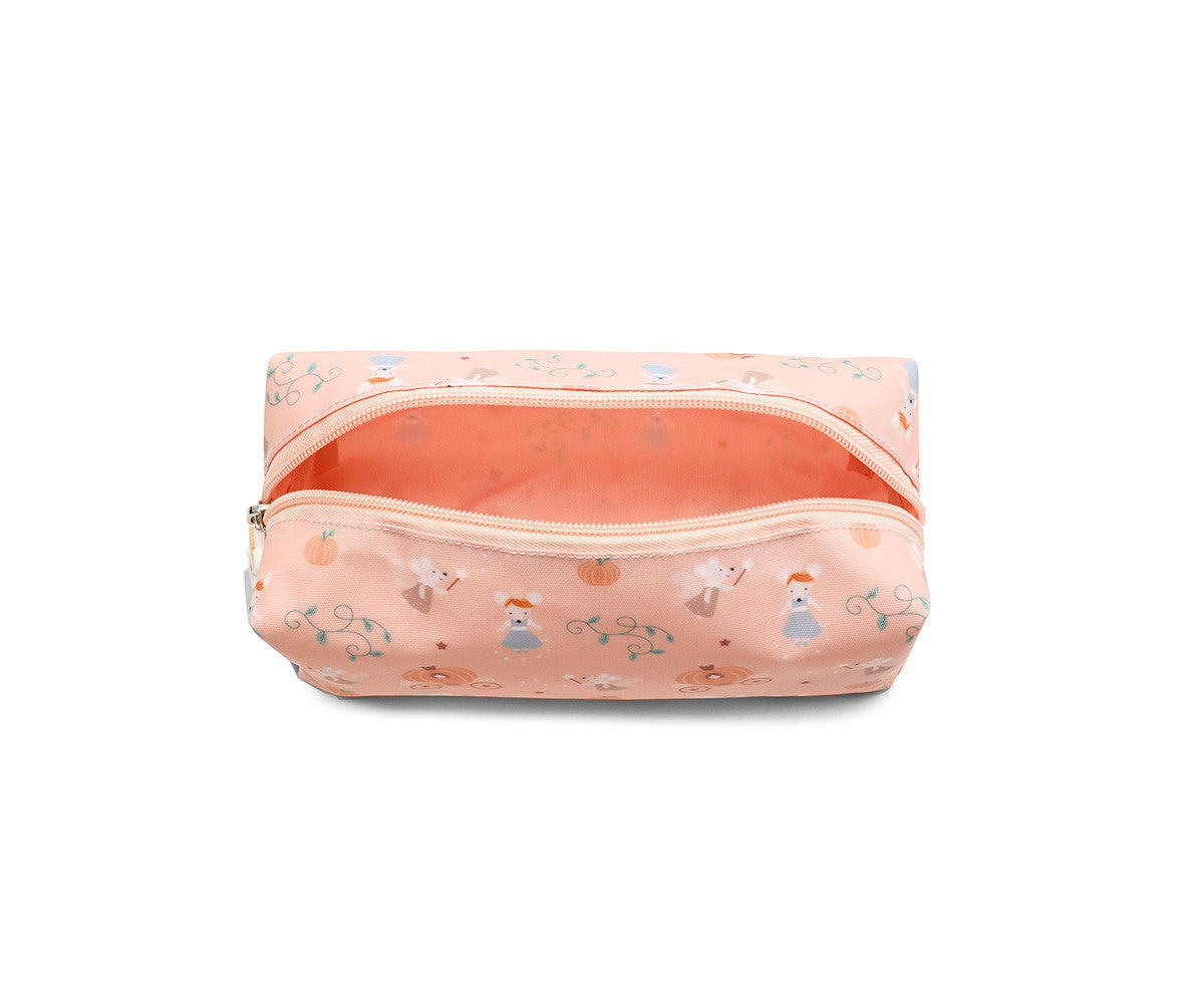 Astuccio Mouse Fairies Tutete - vista interno aperto con fodera rosa salmone e pattern topolina Cenerentola all-over