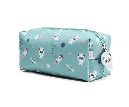 Astuccio Box Pandas in Space Tutete - vista 3/4 verde acqua con all-over pandine astronaute e razzi, zip teal, ciondolo panda astronauta silicone