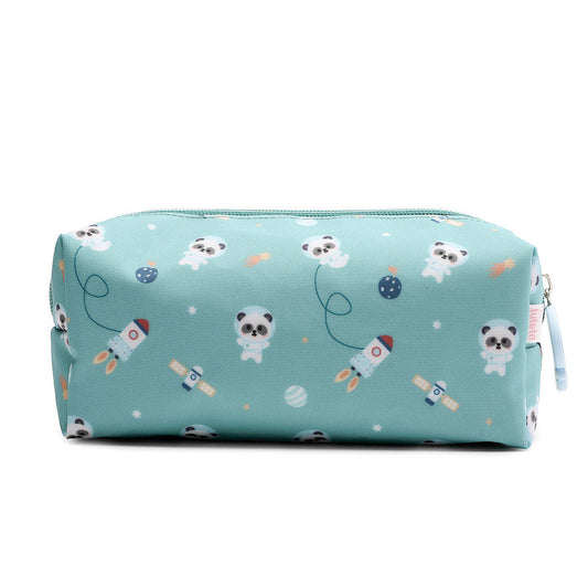 Astuccio Box Pandas in Space Tutete - vista frontale verde acqua con all-over pandine astronaute, razzi e pianeti, zip teal