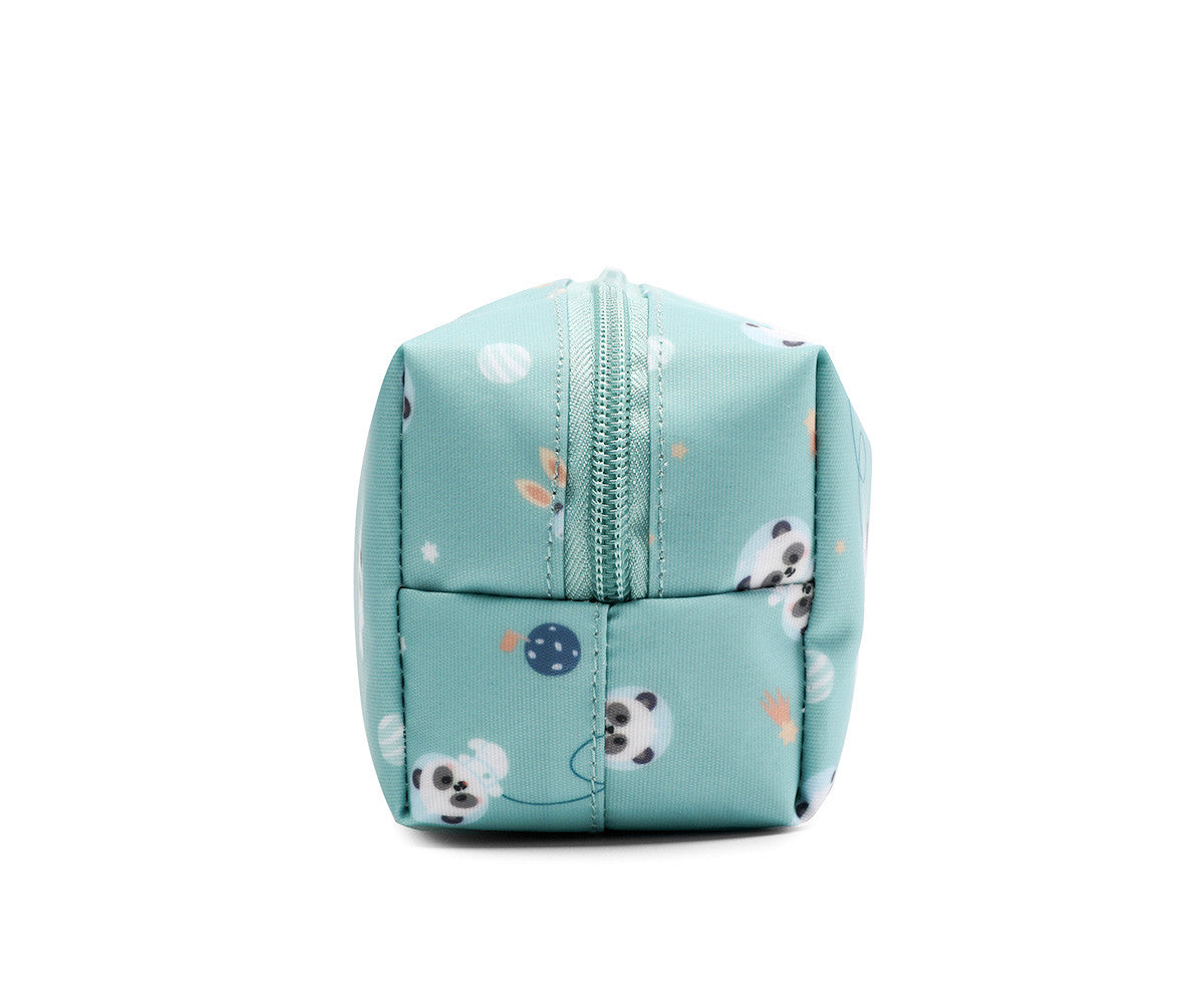 Astuccio Box Pandas in Space Tutete - vista laterale con profilo box 8cm, zip teal e ciondolo panda astronauta