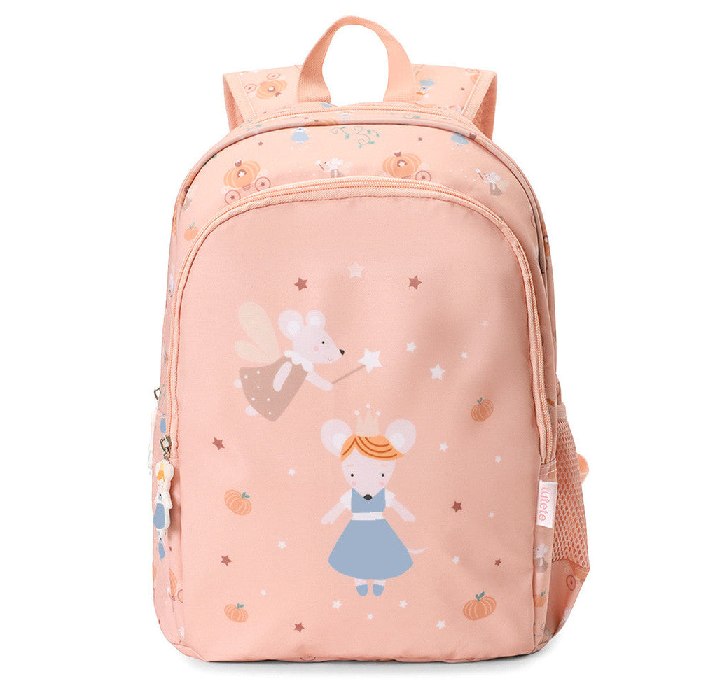 Zaino Medio Mouse Fairies Tutete - vista posteriore con schienale imbottito a rete rosa, spallacci regolabili imbottiti e clip anteriore