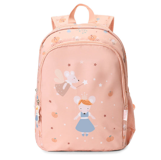 Zaino Medio Mouse Fairies Tutete - vista posteriore con schienale imbottito a rete rosa, spallacci regolabili imbottiti e clip anteriore