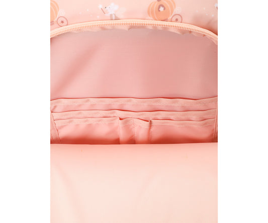 Zaino Medio Mouse Fairies Tutete - vista frontale rosa cipria con topolina Cenerentola e fata madrina, tasca frontale curva zip silicone, portachiavi topolina Cenerentola incluso