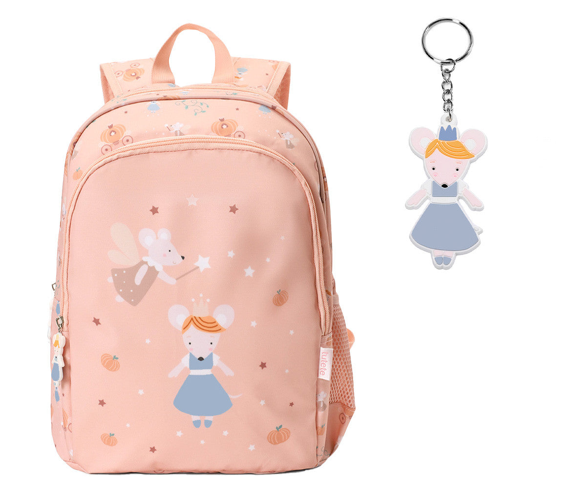 Zaino Medio Mouse Fairies Tutete - schema misure h.38x27x12.5cm con dettagli: adatto A4, spallacci rinforzati, tasca frontale curva, schienale imbottito