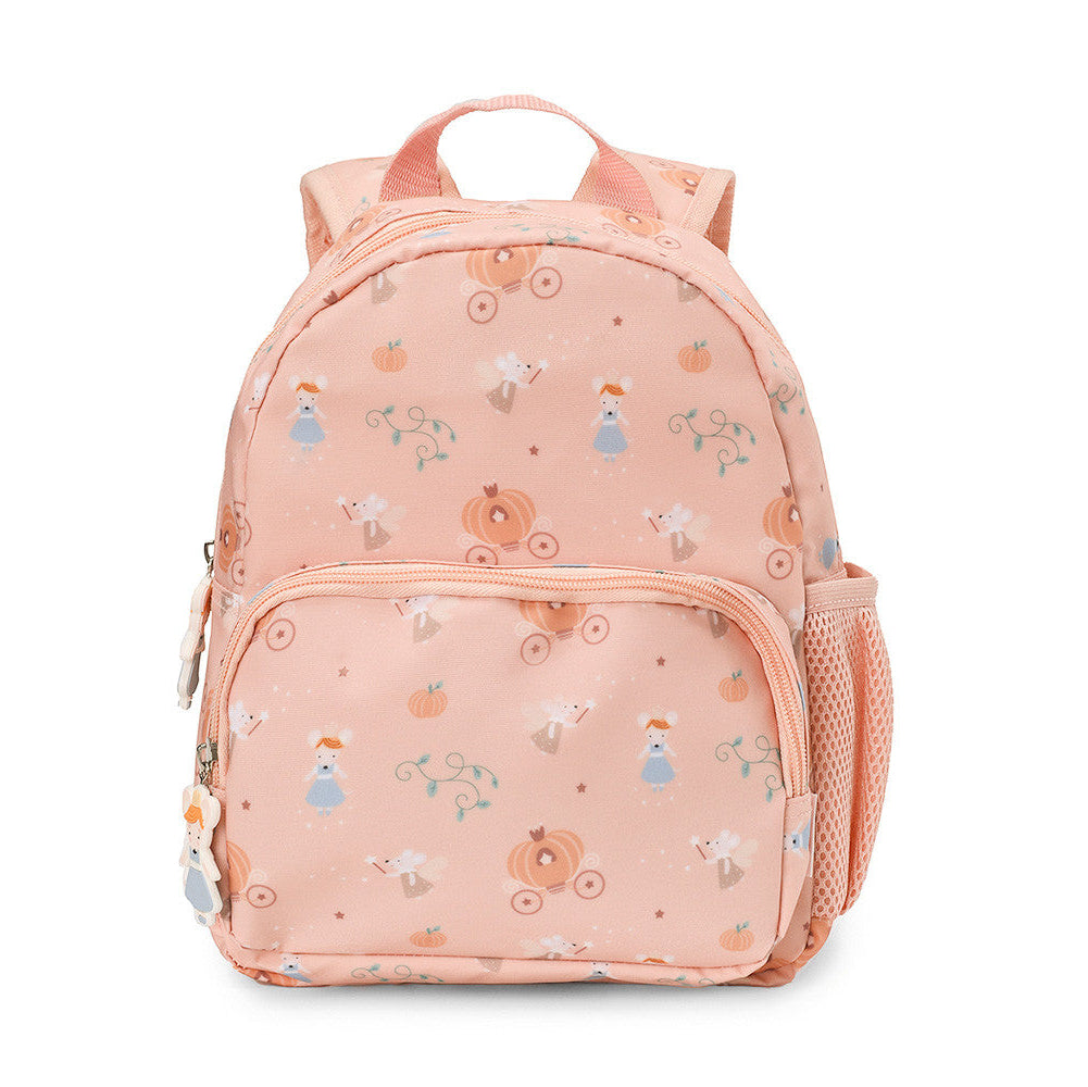 Zainetto Mouse Fairies Tutete Piccolo - vista frontale rosa cipria con all-over Cenerentola topolini e carrozza di zucca, tasca frontale zip con tiretto silicone, tasca laterale a rete