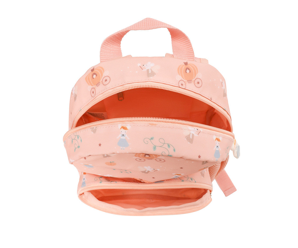 Zainetto Mouse Fairies Tutete Piccolo - vista interno aperto con fodera arancio corallo, separatore interno e tasca interna con cerniera dorata