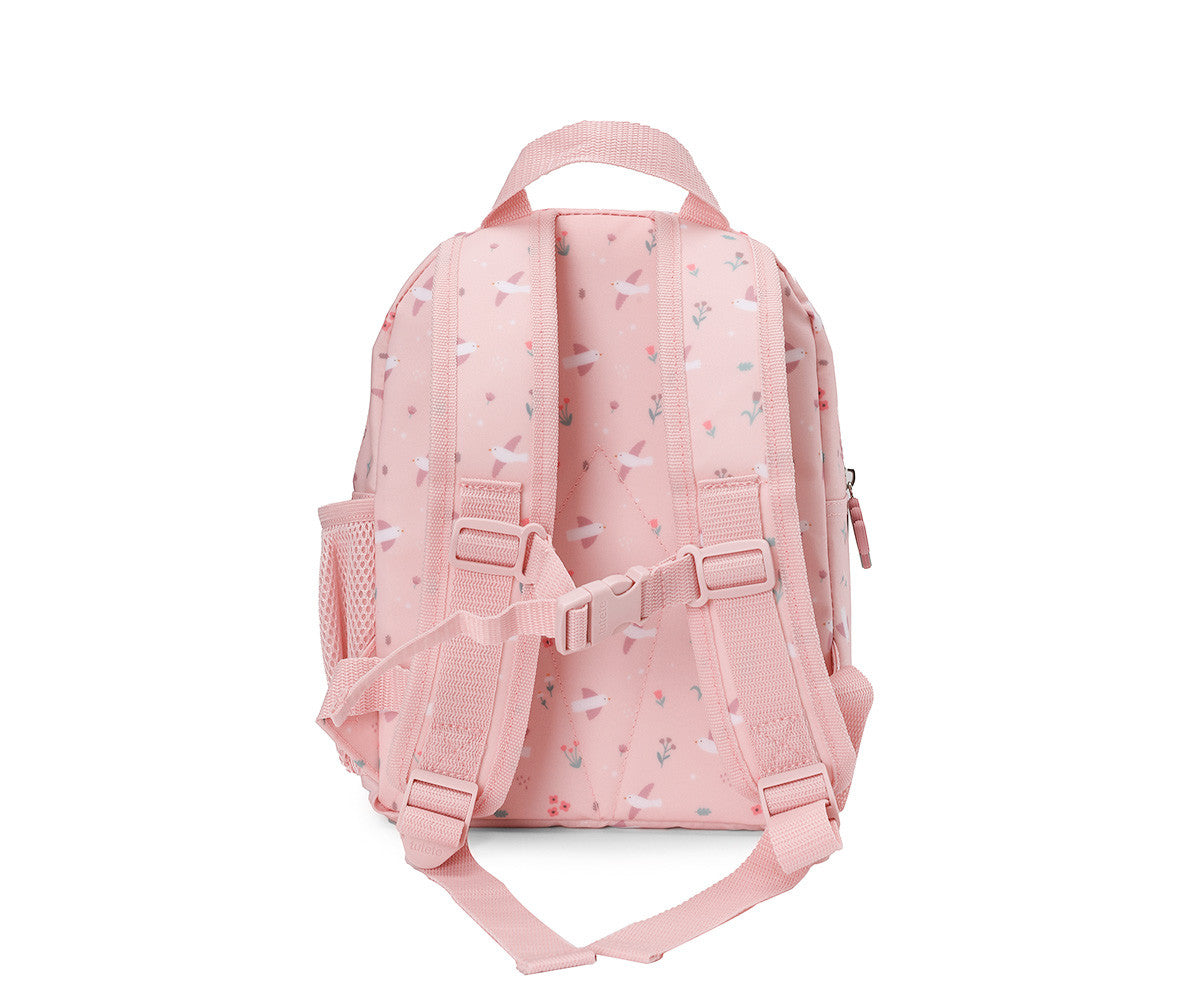 Zainetto Piccolo Blossom Birds - vista retro con spallacci regolabili imbottiti e clip anteriore
