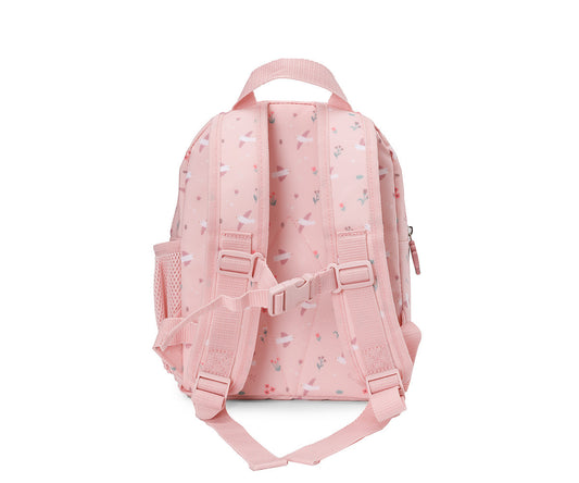 Zainetto Piccolo Blossom Birds - vista retro con spallacci regolabili imbottiti e clip anteriore