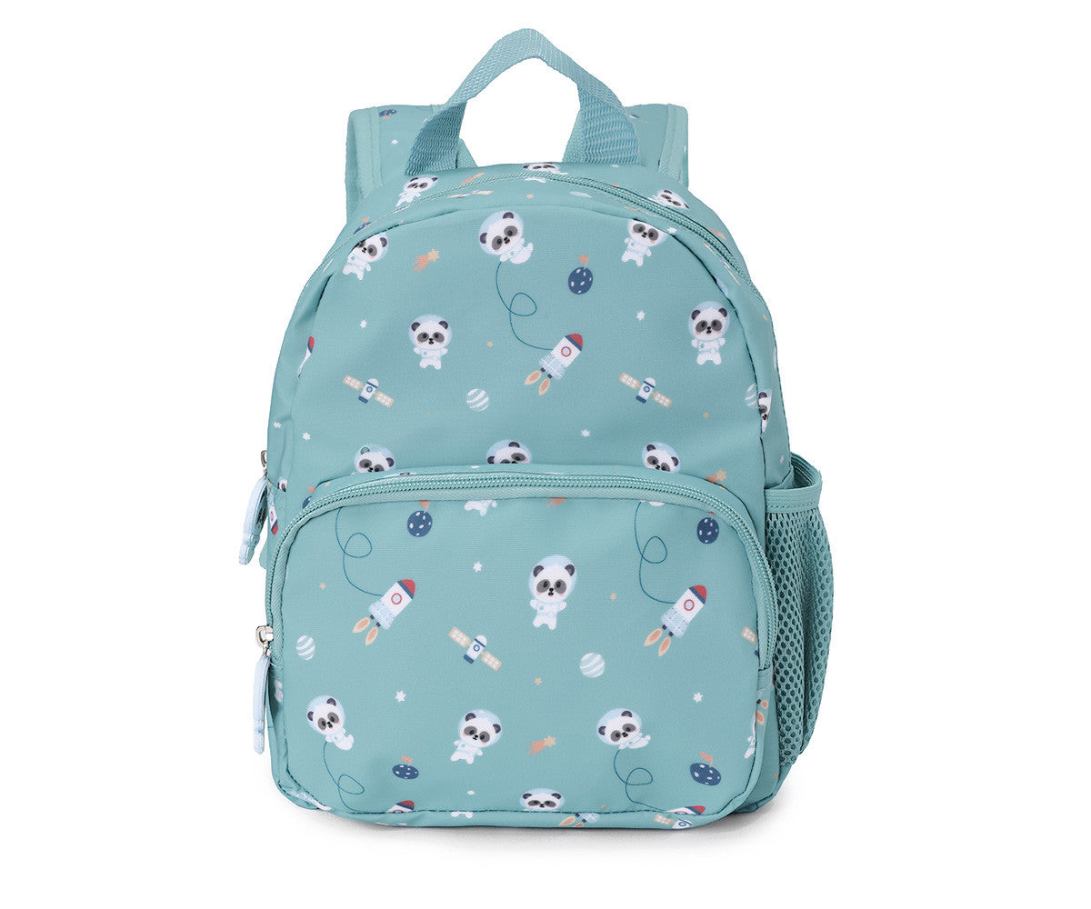 Zainetto Pandas in Space Tutete Piccolo - vista frontale verde acqua con pandine astronaute, razzi e pianeti all-over, tasca frontale zip e tasca laterale mesh