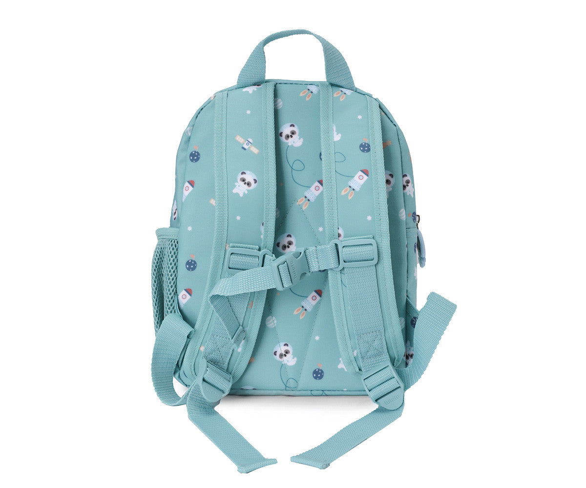 Zainetto Pandas in Space Tutete Piccolo - vista posteriore con bretelle imbottite regolabili e schienale imbottito verde acqua