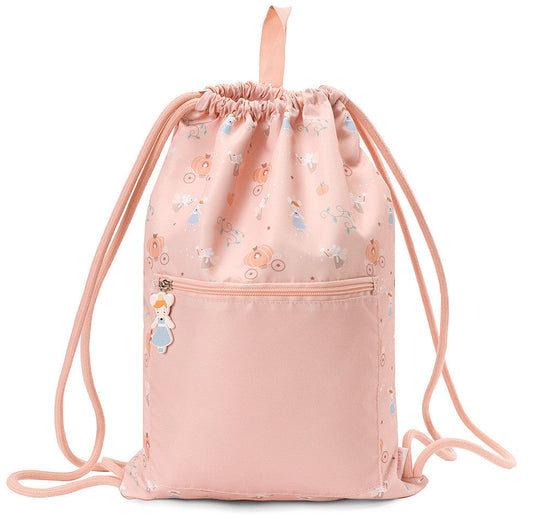 Sacca Zaino Mouse Fairies Tutete - vista frontale rosa cipria con pattern all-over topolina Cenerentola fata madrina carrozze zucca stelle, tasca esterna con cerniera e tiretto decorativo topolina silicone, cordone rosa cipria