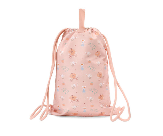 Sacca Zaino Mouse Fairies Tutete - vista posteriore rosa cipria con pattern all-over topolina Cenerentola fata madrina carrozze zucca stelle e cordone rosa cipria