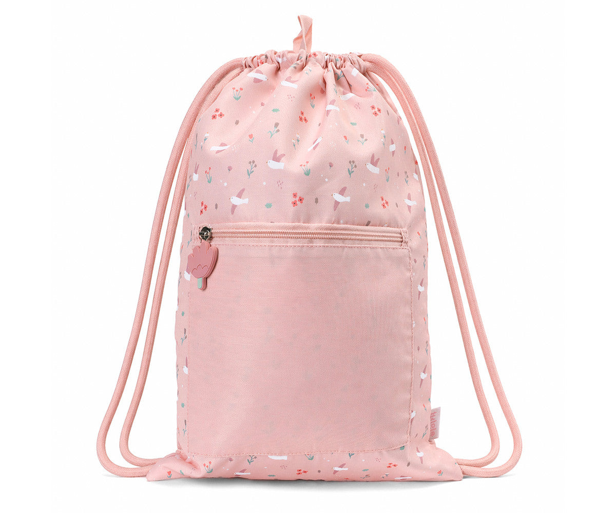 Sacca Zaino Blossom Birds - vista frontale con tasca esterna e tiretto silicone