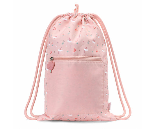 Sacca Zaino Blossom Birds - vista frontale con tasca esterna e tiretto silicone