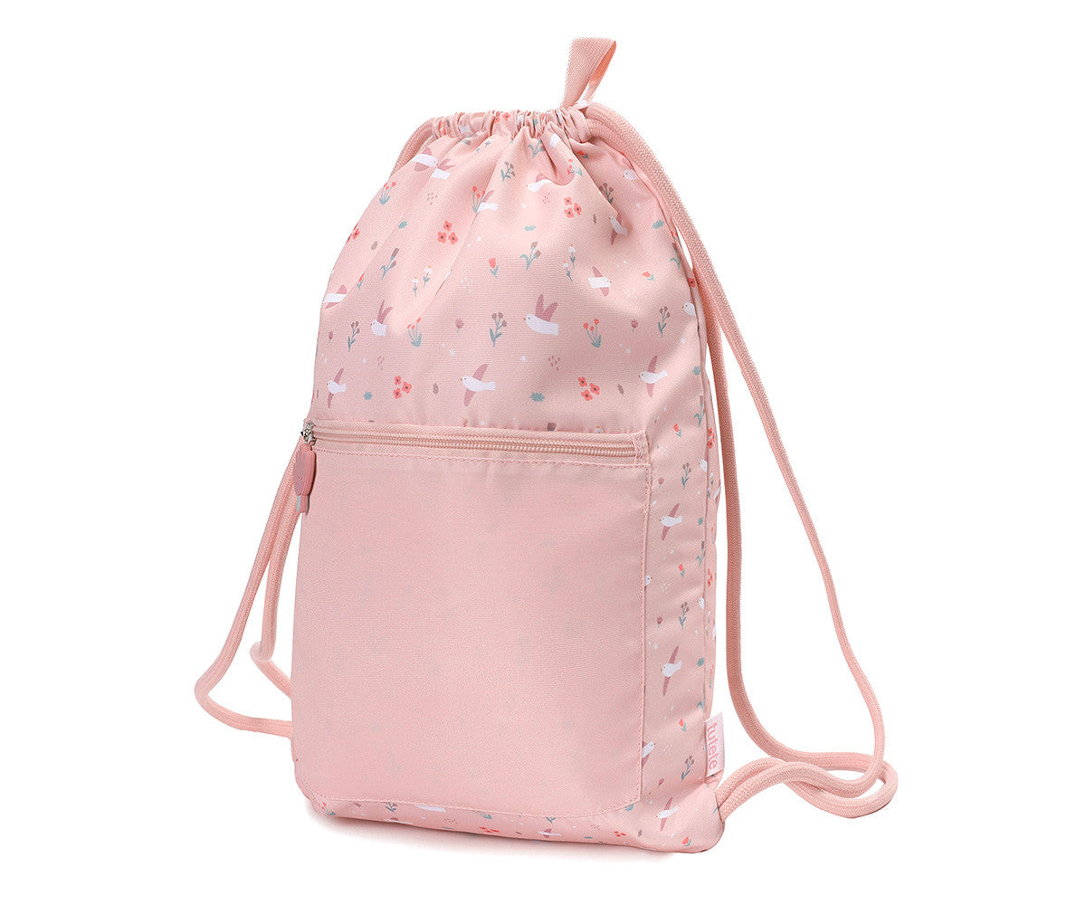 Sacca Zaino Blossom Birds - vista angolata con tracolle