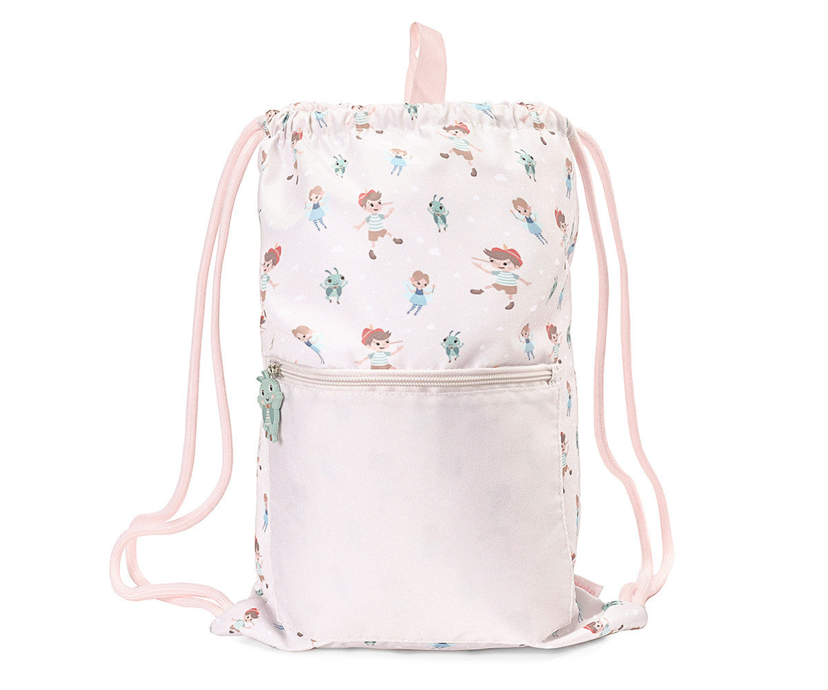 Sacca Zaino Wooden Boy Tutete - vista frontale rosa cipria chiarissimo con fantasia all-over Pinocchio, Fatina e Grillo, tasca frontale con zip e tiretto verde grillo