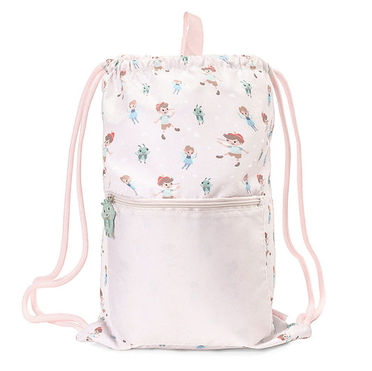 Sacca Zaino Wooden Boy Tutete - vista frontale rosa cipria chiarissimo con fantasia all-over Pinocchio, Fatina e Grillo, tasca frontale con zip e tiretto verde grillo
