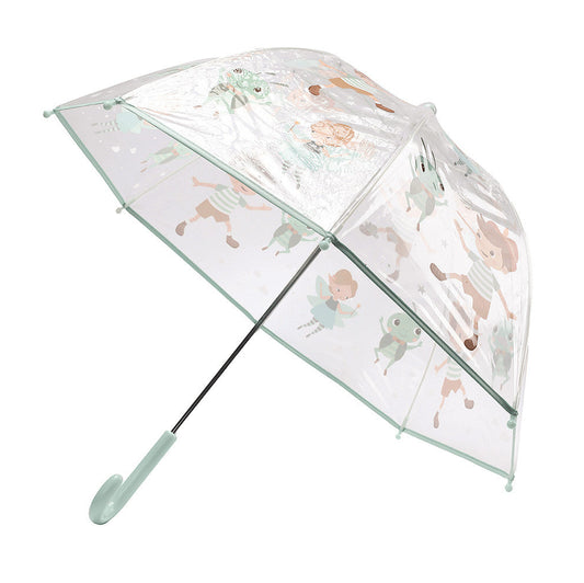 Ombrello Trasparente Wooden Boy Tutete - aperto di lato con Pinocchio, Fatina e Grillo all-over, bordi e manico J verde salvia