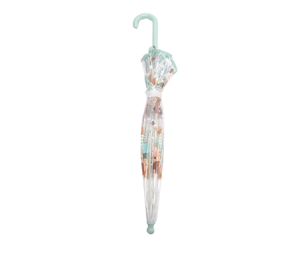Ombrello Trasparente Wooden Boy Tutete - chiuso con fascia di chiusura e manico J verde salvia