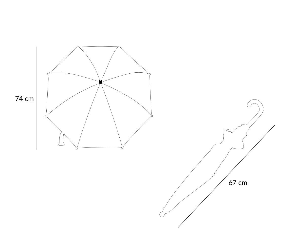 Ombrello Trasparente Wooden Boy Tutete - schema misure: diametro 74cm aperto, lunghezza 67cm chiuso