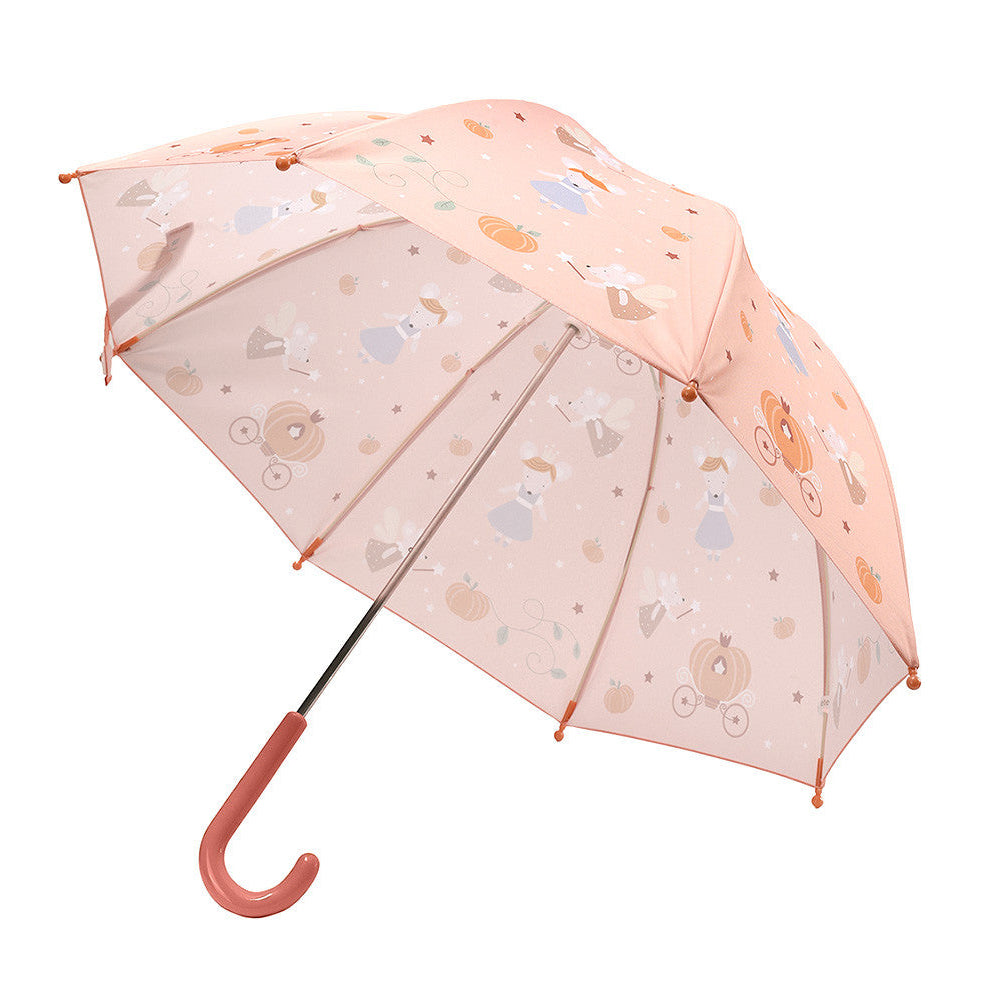 Ombrello Mouse Fairies Tutete - vista 3/4 aperto rosa cipria con pattern all-over topolina Cenerentola fata madrina carrozze zucca stelle, manico J rosa cipria ergonomico e punte aste protette