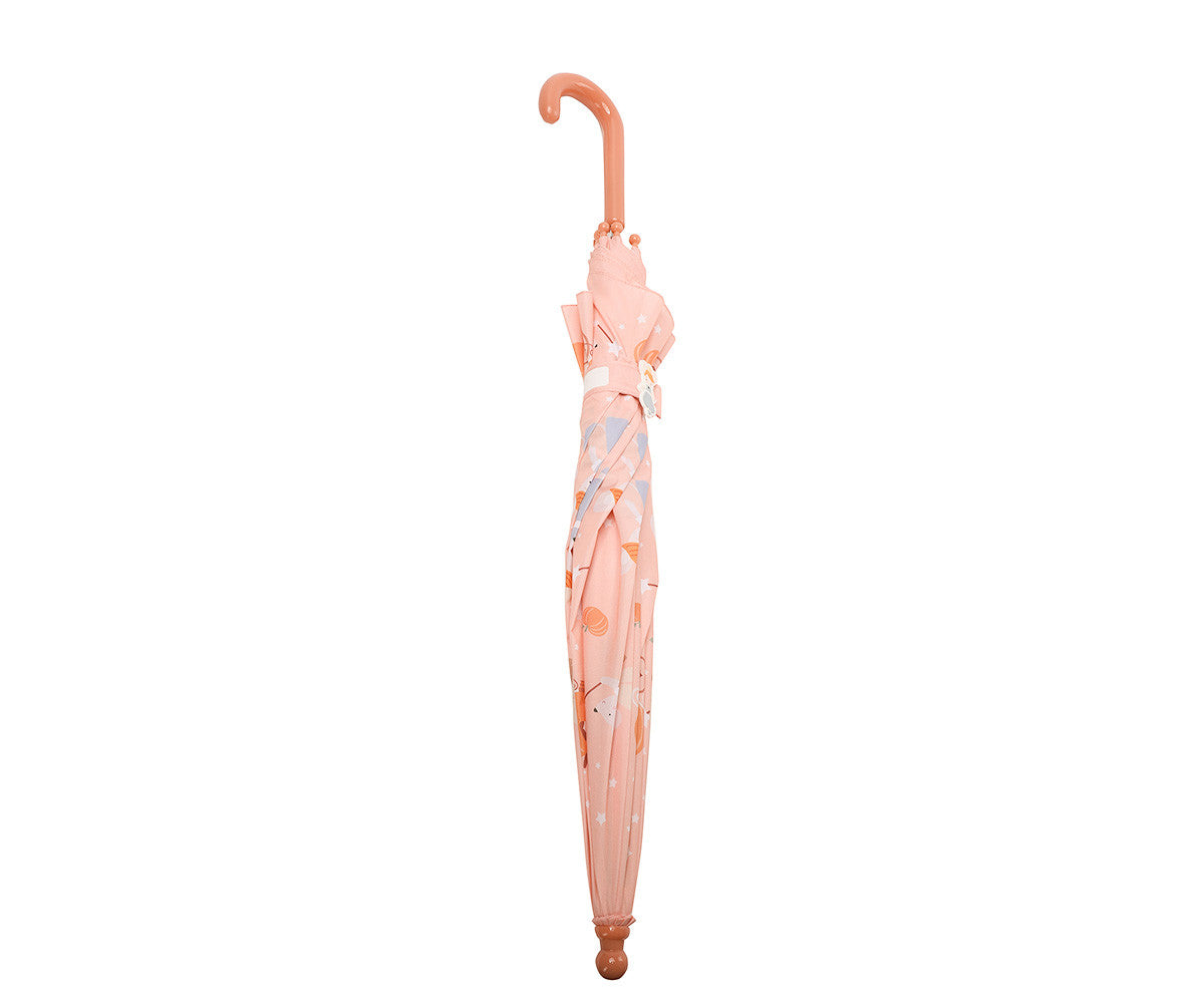 Ombrello Mouse Fairies Tutete - vista laterale chiuso rosa cipria con fascia di chiusura a clip e targhetta per il nome, manico J rosa cipria
